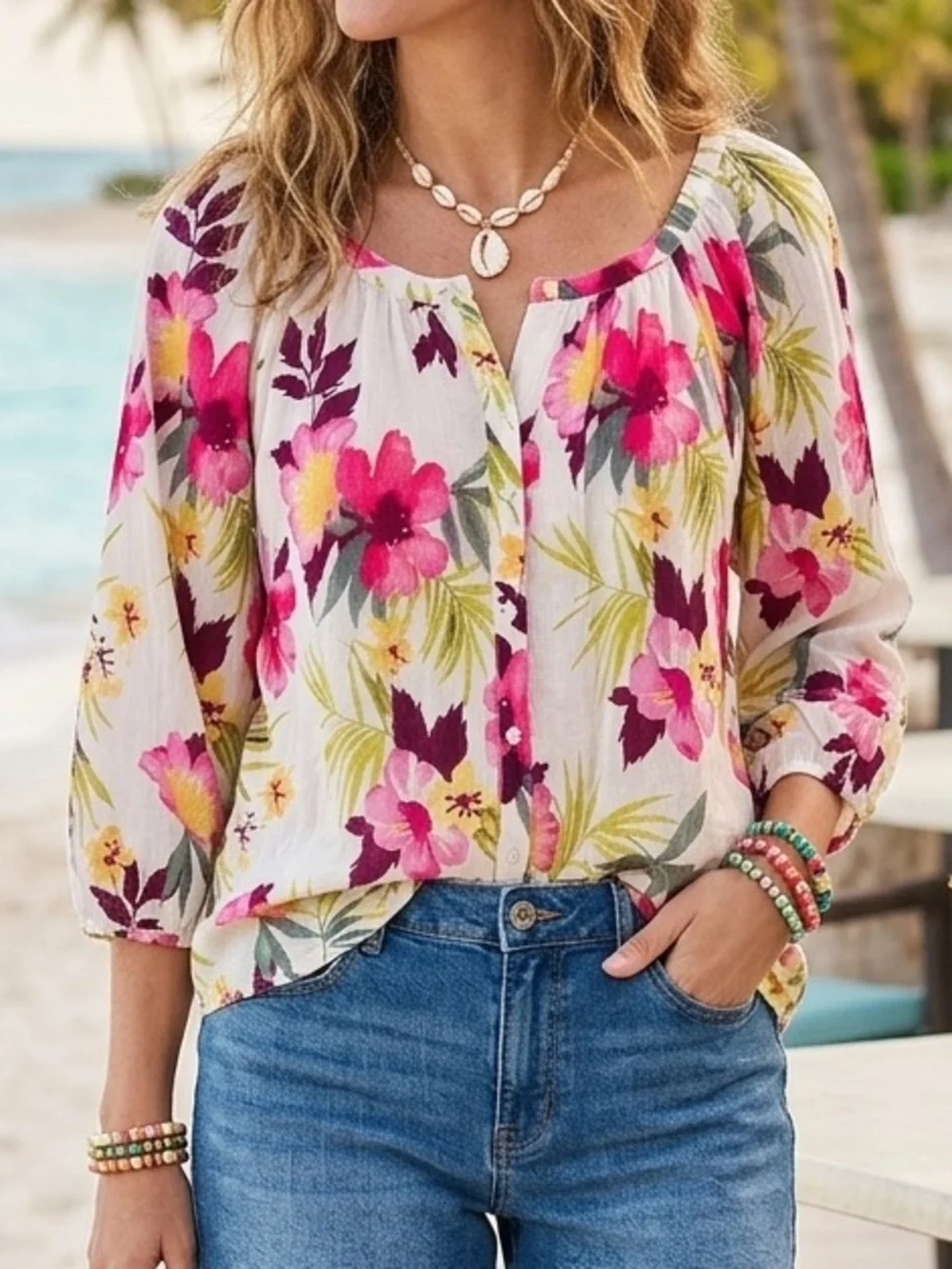 Chaps Multicolor Tropical Button Down Flowy Top 3/4 Sleeve XLP